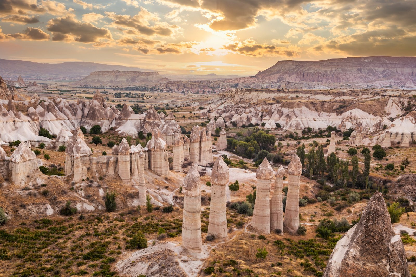 Rocky landscape in Cappadocia at sunset, Turkey